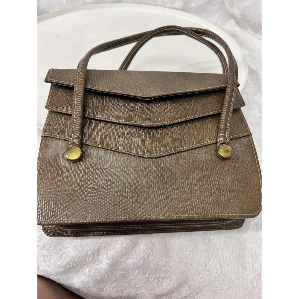 Vintage Garay Brown Lizard Embossed Structured Satchel Handbag Gold Hardware